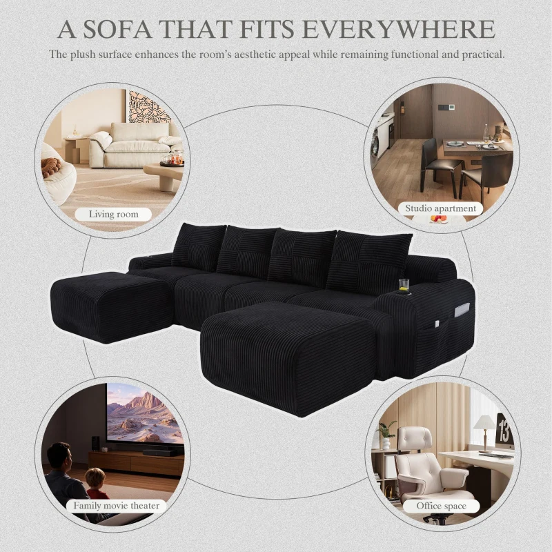4-Seater Modular Cord Sofa with 2 Ottomans and Integrated Cup‑Holders, Corduroy Sectional Sofa for Living Rooms, 333L x 174W x 80H cm, Black