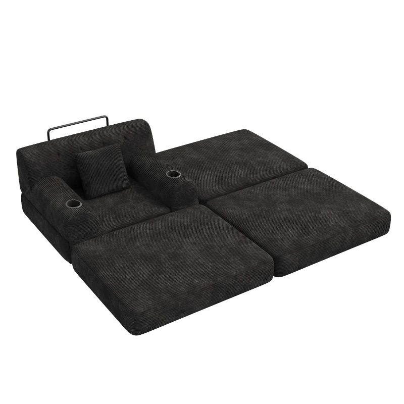 Corduroy Sleeper Chair with Ottoman and Metal Frame, Convertible 1-Seater Sofa Bed with High Backrest, 107L x 162W x 81H cm, Black