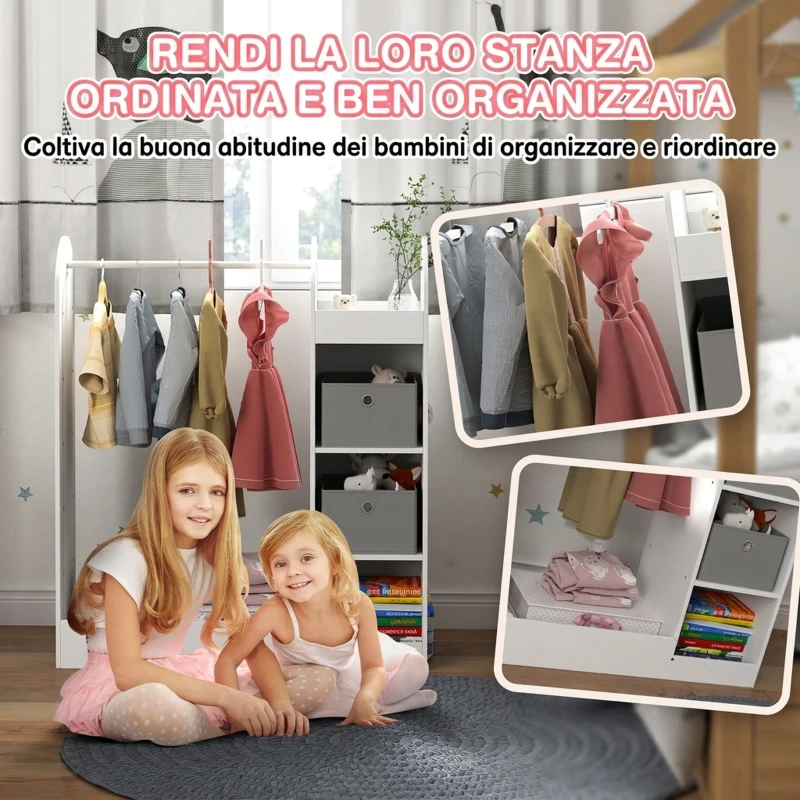 AIYAPLAY Appendiabiti per Bambini 3-8 Anni con Ripiani, 2 Scatole, Asta Appendiabiti e Specchio, Capacità 30 kg, Bianco