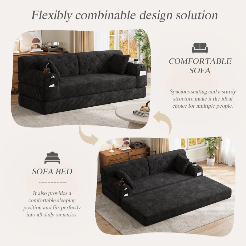 Cozy Sleeper Sofa with High-Density Foam and Soft Corduroy, Convertible Couch for Living Rooms and Small Spaces, 208L x 80W x 81H cm, Black