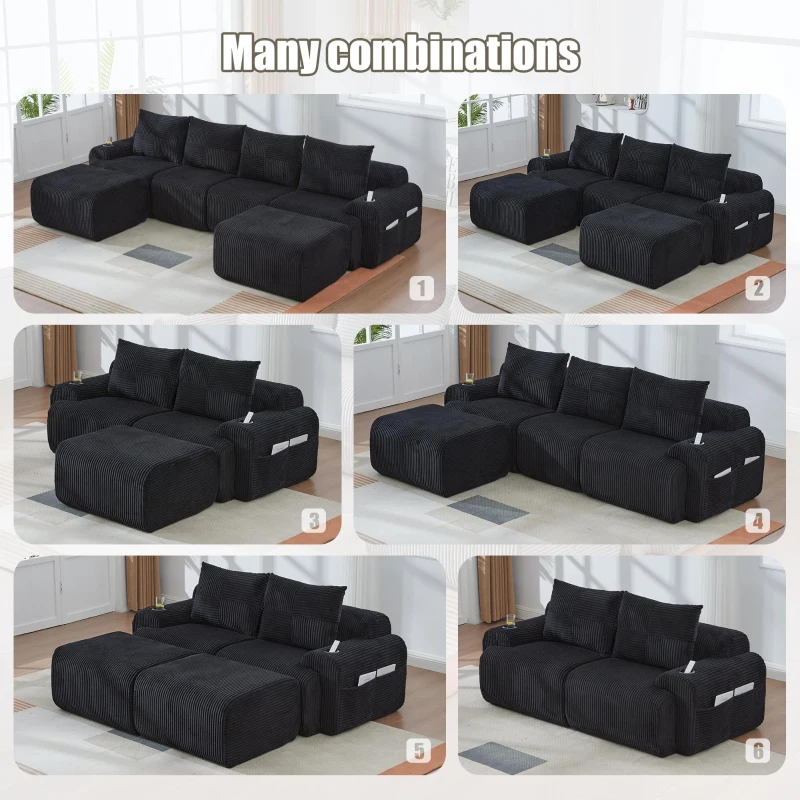 Corduroy Sectional Sofa with Built-in Cup Holders and Side Storage Pockets, 3-Seater Modular Sofa with Ottomans, 268L x 174W x 80H cm, Black