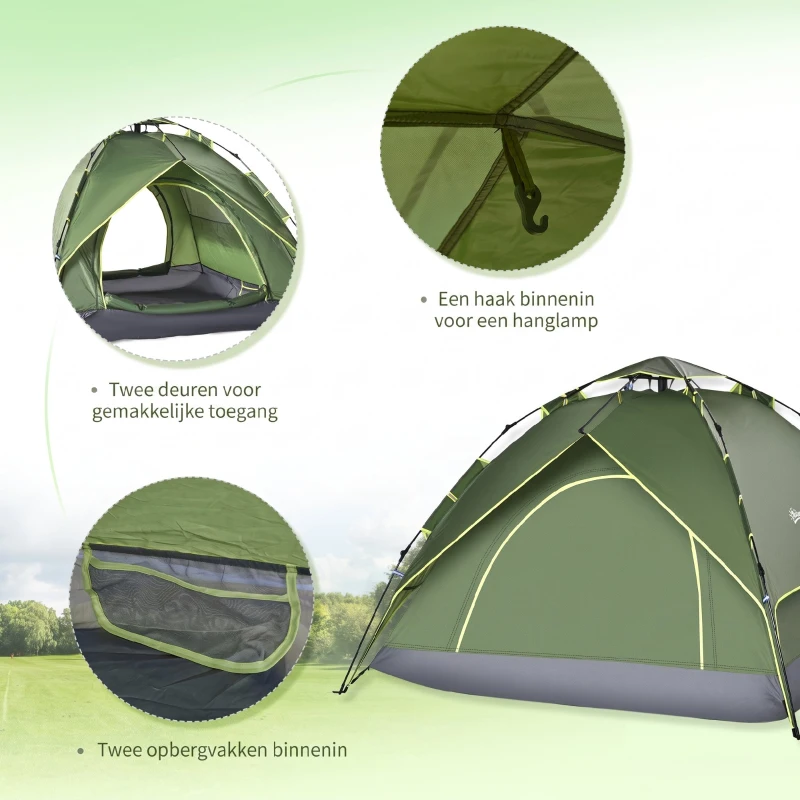 Outsunny Dubbele tent familietent Quick-Up tent 2 volwassenen + 1 kind camping waterdicht