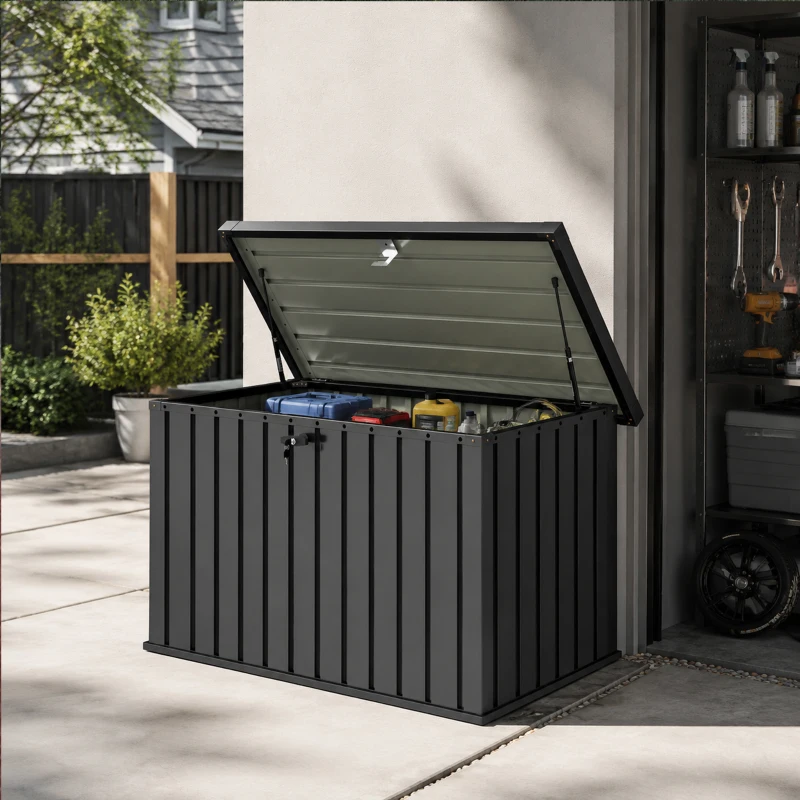 Outsunny Außenbox 400L aus verzinktem Stahl mit Schloss und 2 Schlüsseln 124x66x72 cm, Schwarz