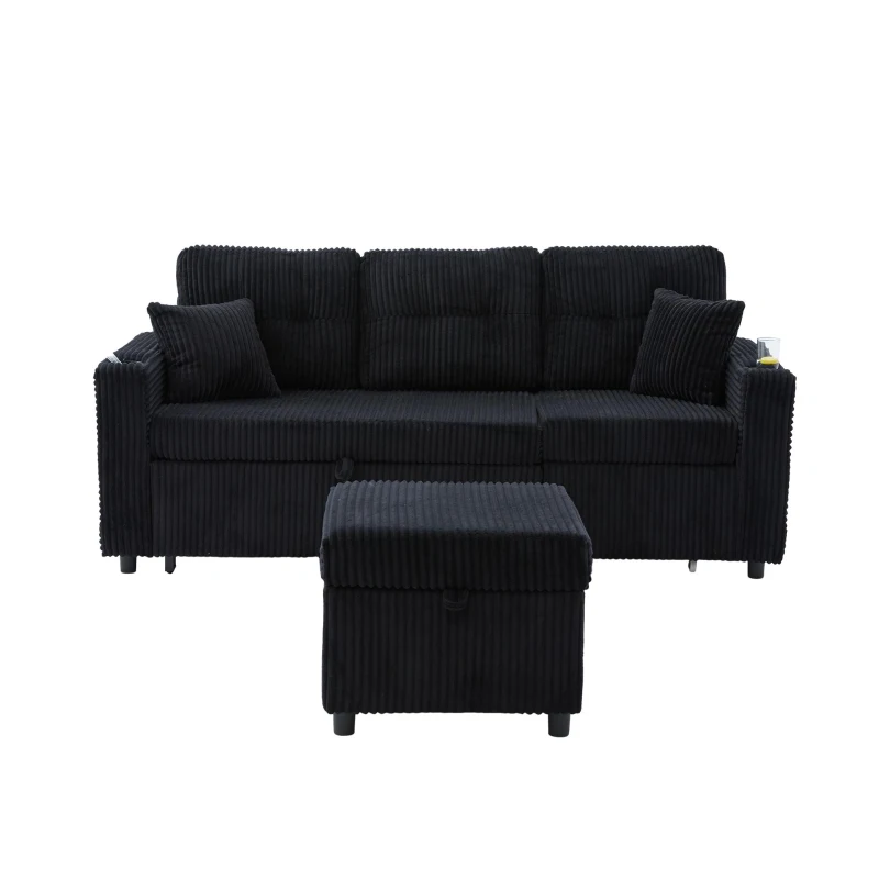 Multifunctional Corduroy Sofa Bed with Hidden Storage, LED-Lighted Guest Couch for Family Film Nights, 196L x 82W x 85H cm, Black