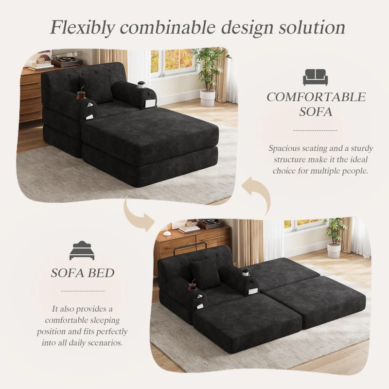 Corduroy Sleeper Chair with Ottoman and Metal Frame, Convertible 1-Seater Sofa Bed with High Backrest, 107L x 162W x 81H cm, Black