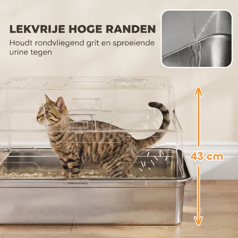 PawHut XXL Kattenbak van Roestvrij Staal 130L met 180° Klapdeksel, Hoge Wanden en Schep, 70 x 50 x 43 cm, Grijs