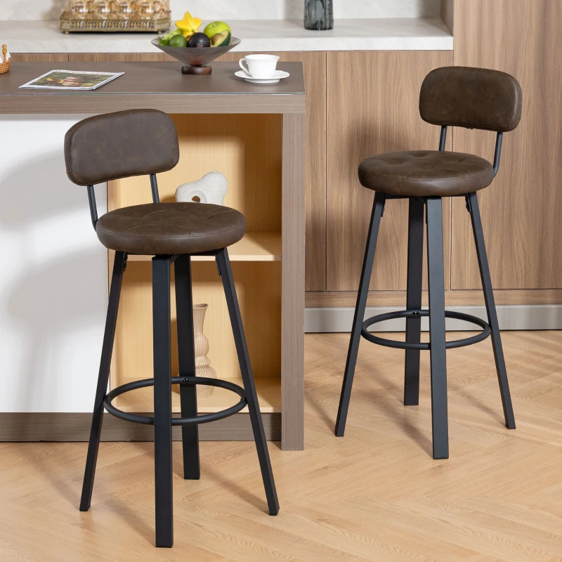 HOMCOM Conjunto de 2 Bancos de Bar Bancos Altos de Cozinha Giratórios Estofados em PU com Apoio para os Pés 35,5x43,5x98 cm Castanho Escuro
