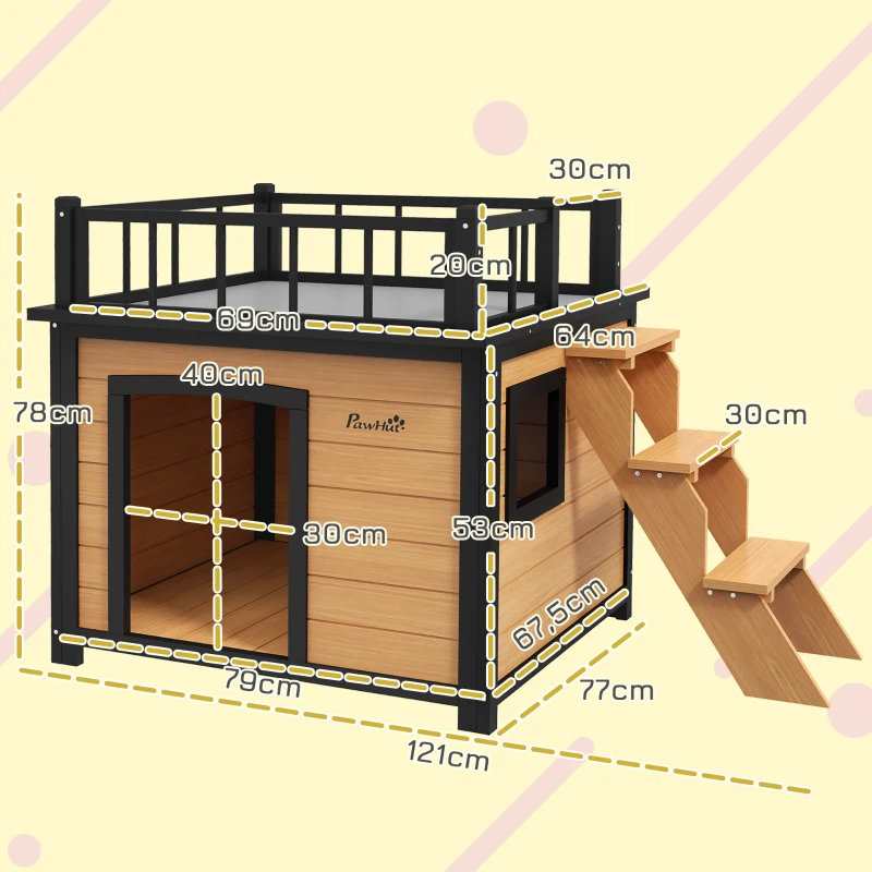 PawHut Caseta para perros con terraza en el techo, resistente a la intemperie, de madera, 121x77x78 cm, Negro/Amarillo