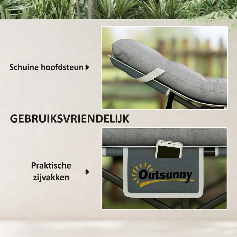 Outsunny Opklapbaar Campingbed met Matras, Hoofdkussen en Zijvak 185 x 68 x 37 cm tot 150 kg Lichtgrijs
