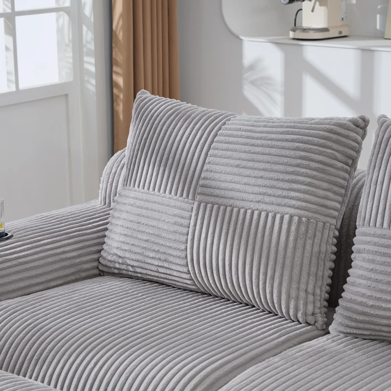 3-Seater Modular Sofa with Ottomans and Side Storage Pockets, Corduroy Sectional Sofa with Integrated Cup Holders, 268L x 174W x 80H cm, Light Gray