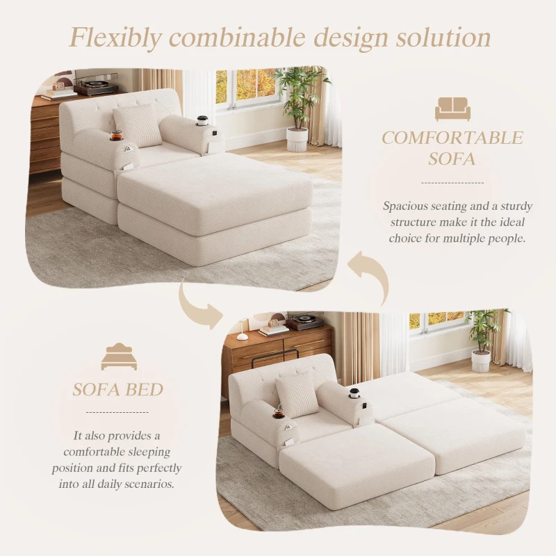 Corduroy Sleeper Chair with Ottoman and Metal Frame, Convertible 1-Seater Sofa Bed with High Backrest, 107L x 162W x 81H cm, Beige