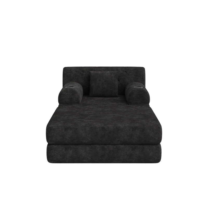 Corduroy Sleeper Chair with Ottoman and Metal Frame, Convertible 1-Seater Sofa Bed with High Backrest, 107L x 162W x 81H cm, Black