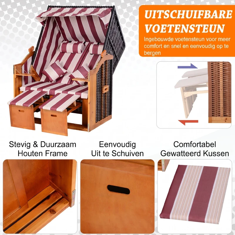 Outsunny Dubbele ligstoel met dak dubbele ligstoel chaise longue voetensteun PE rotan rood(m-7)
