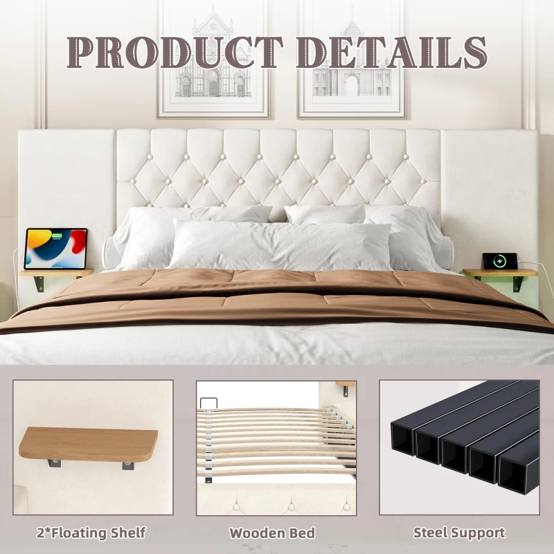 Spacious Platform Bed with Hydraulic Lift System, Modern Bed Frame with Wide Headboard and Tufting Button, 190L x 135W x 103H cm, Beige