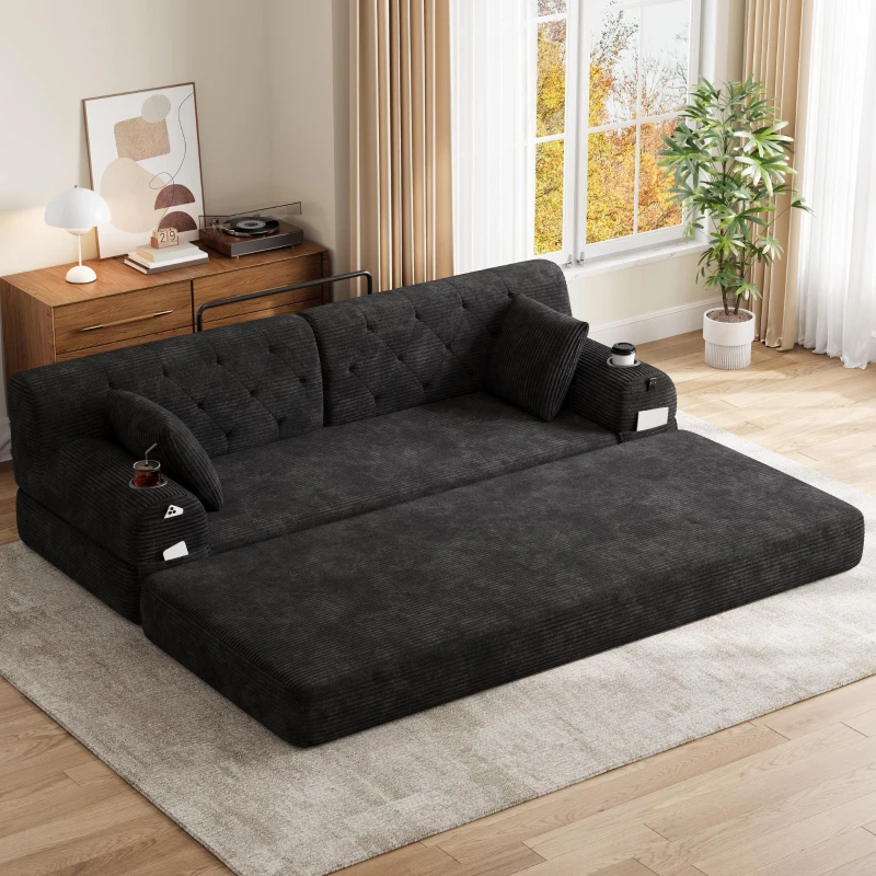 Cozy Sleeper Sofa with High-Density Foam and Soft Corduroy, Convertible Couch for Living Rooms and Small Spaces, 208L x 80W x 81H cm, Black