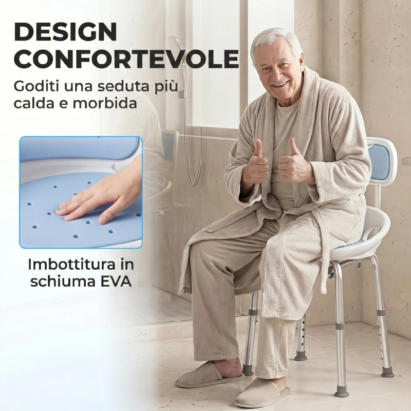 HOMCOM Sedia da Doccia con Schienale e Sedile Forato, 8 Altezza Regolabile, Antiscivolo, Portata 136kg, Azzurro