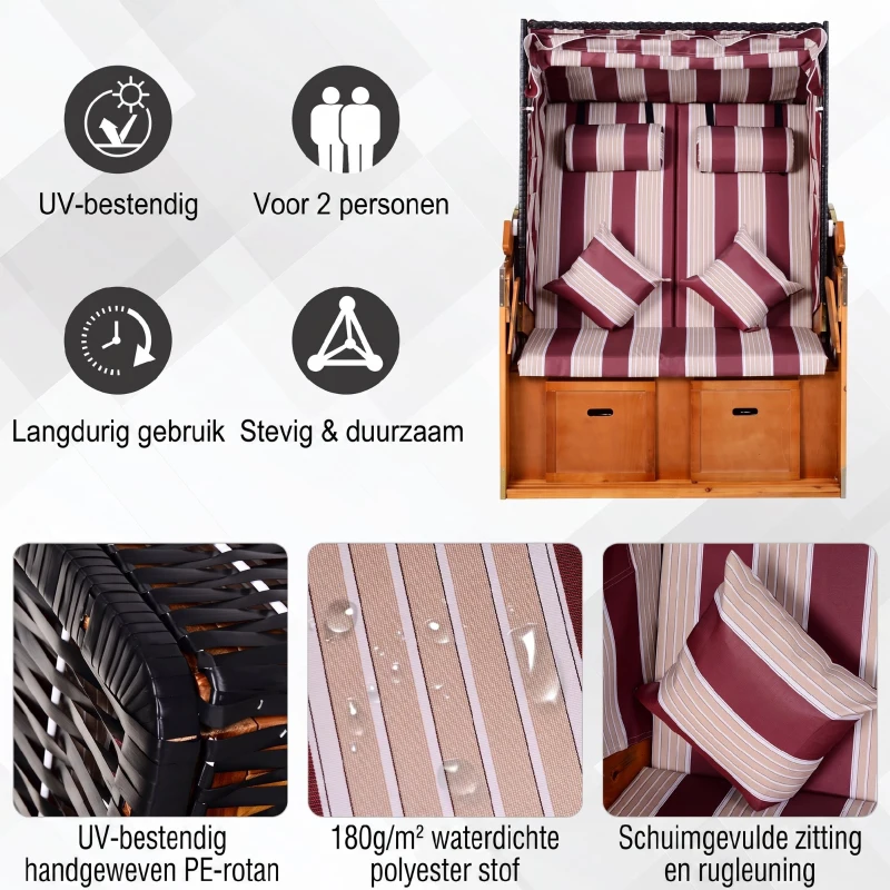 Outsunny Dubbele ligstoel met dak dubbele ligstoel chaise longue voetensteun PE rotan rood(m-5)