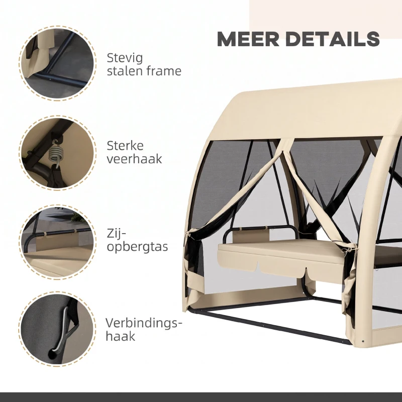 Outsunny 3-persoons terras-schommel, veranda-schommel met bedfunctie, Hollywoodschommel met muskietennet en stalen frame, Koffie