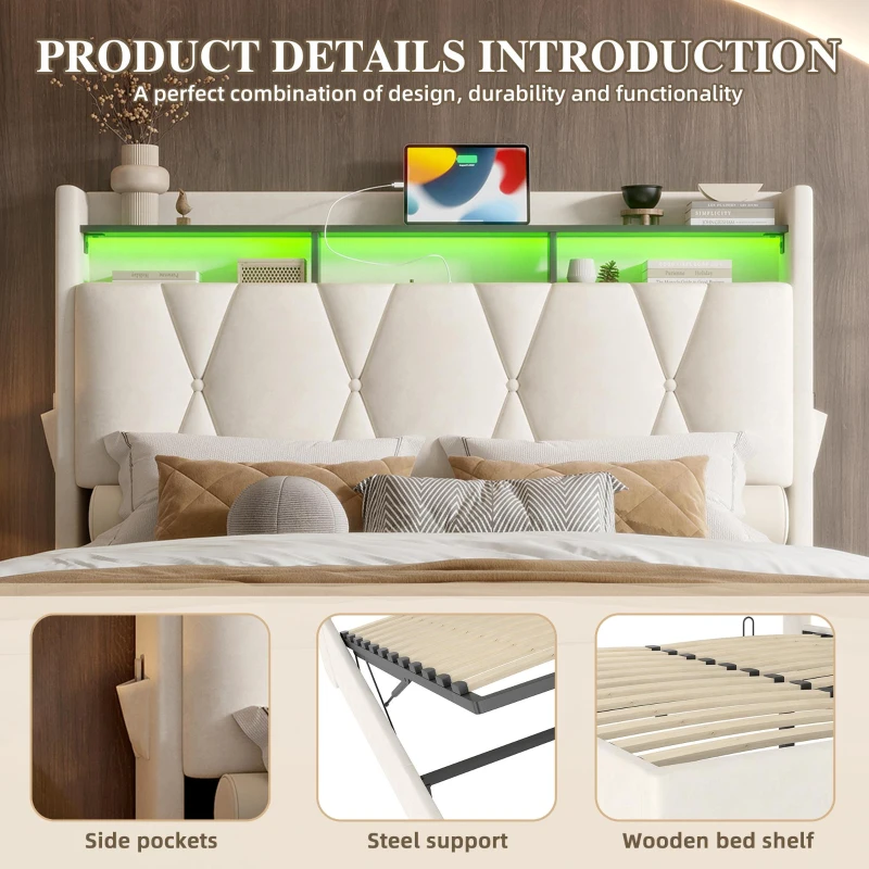 Practical Padded Bed with Hydraulic Storage, Stylish Platform Bed for Modern Bedrooms and Organized Living, 143L x 211W x 116.5H cm, Beige