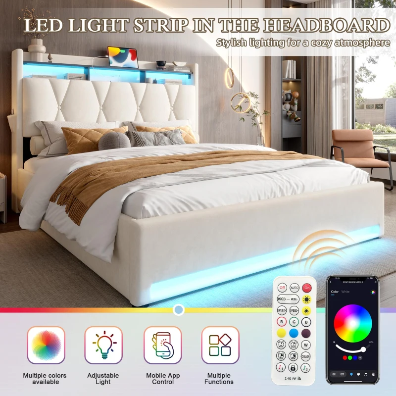 Practical Padded Bed with Hydraulic Storage, Stylish Platform Bed for Modern Bedrooms and Organized Living, 143L x 211W x 116.5H cm, Beige
