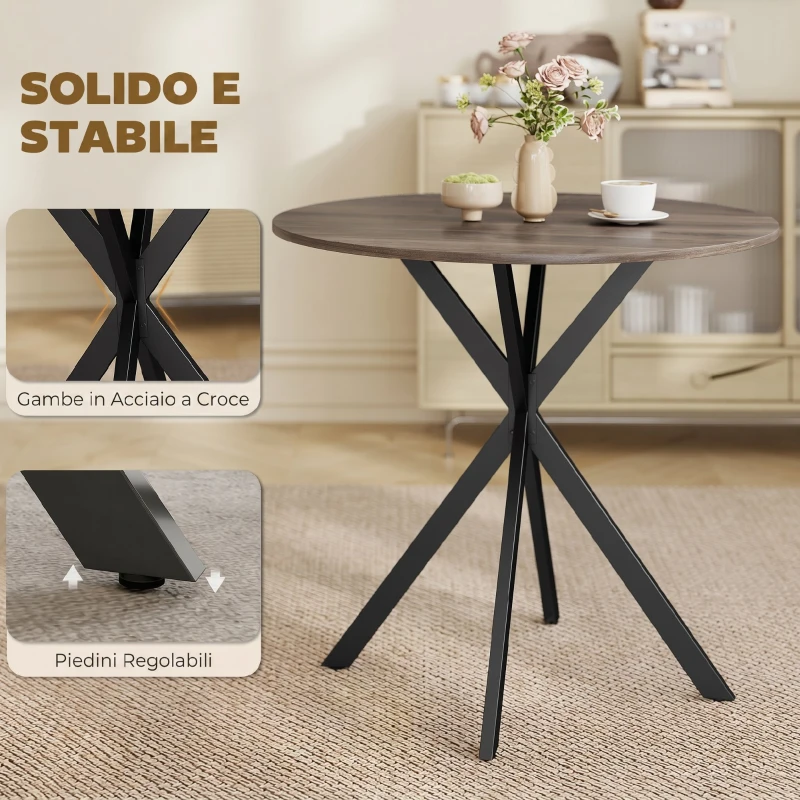 HOMCOM Tavolo da Pranzo Rotondo Stile Industriale con Gambe a Croce in Acciaio, Ø80x75 cm, Marrone