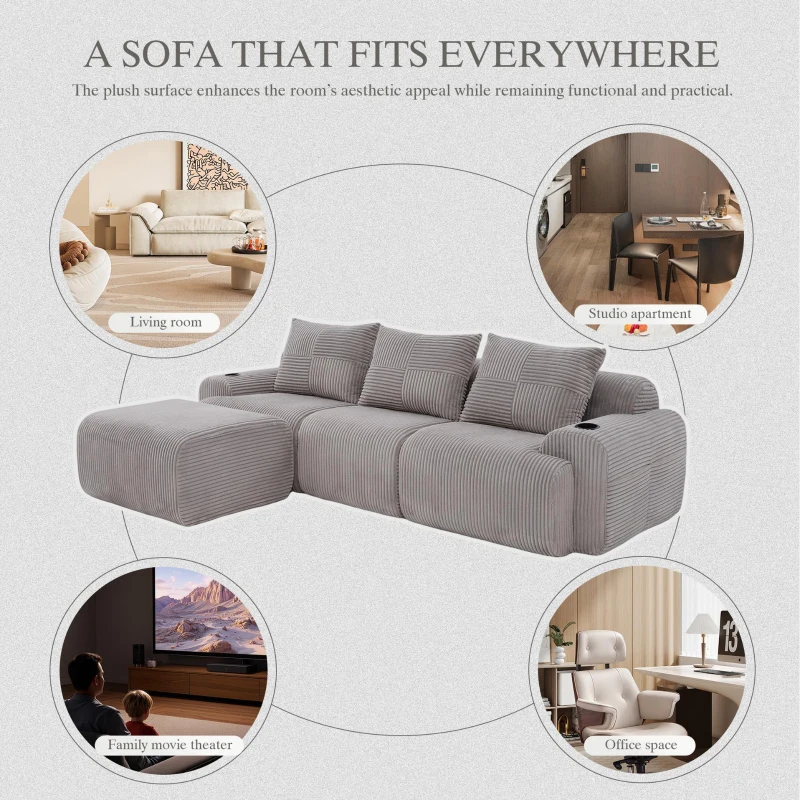 3-Seater Modular Sofa with Ottomans and Side Storage Pockets, Corduroy Sectional Sofa with Integrated Cup Holders, 268L x 174W x 80H cm, Light Gray