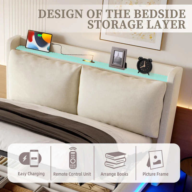 Practical Bed Frame with Built-in Shelf and Night Light, Hydraulic-Lift Platform Bed for Compact Bedrooms, 152.5L x 210W x 114H cm, Beige