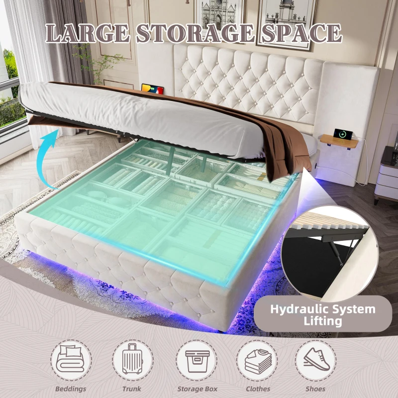 Spacious Platform Bed with Hydraulic Lift System, Modern Bed Frame with Wide Headboard and Tufting Button, 190L x 135W x 103H cm, Beige