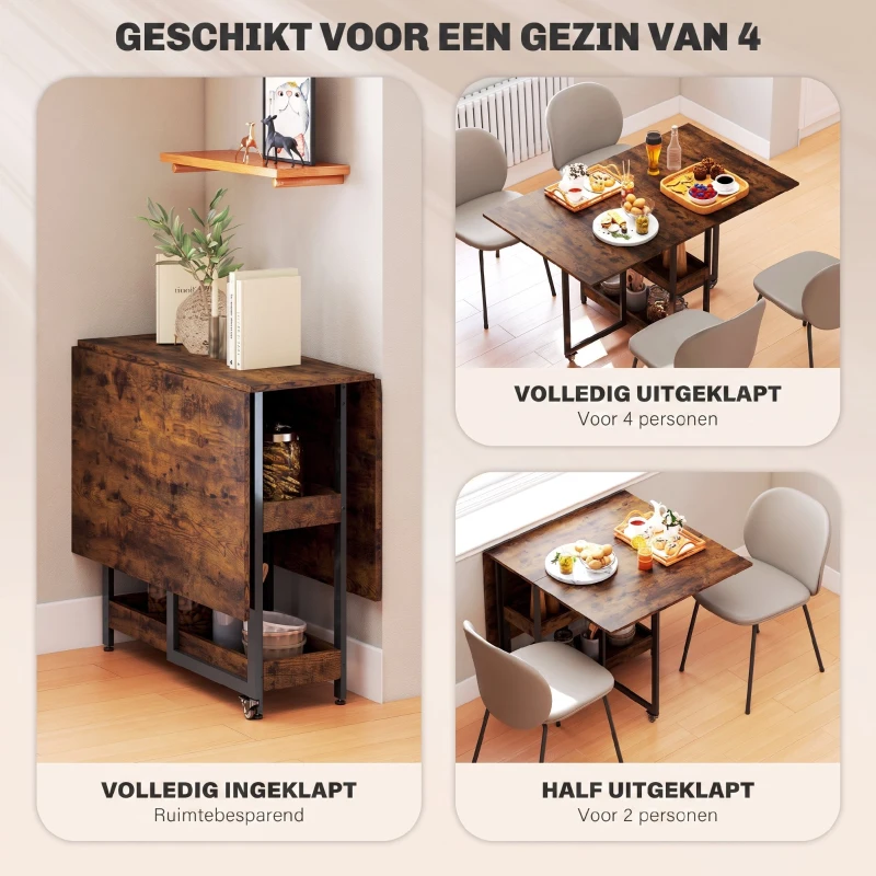 HOMCOM Inklapbare eettafel in industriële stijl, voor maximaal 4 personen, met open schappen, flexibel, metaal, spaanplaat, bruin(m-4)
