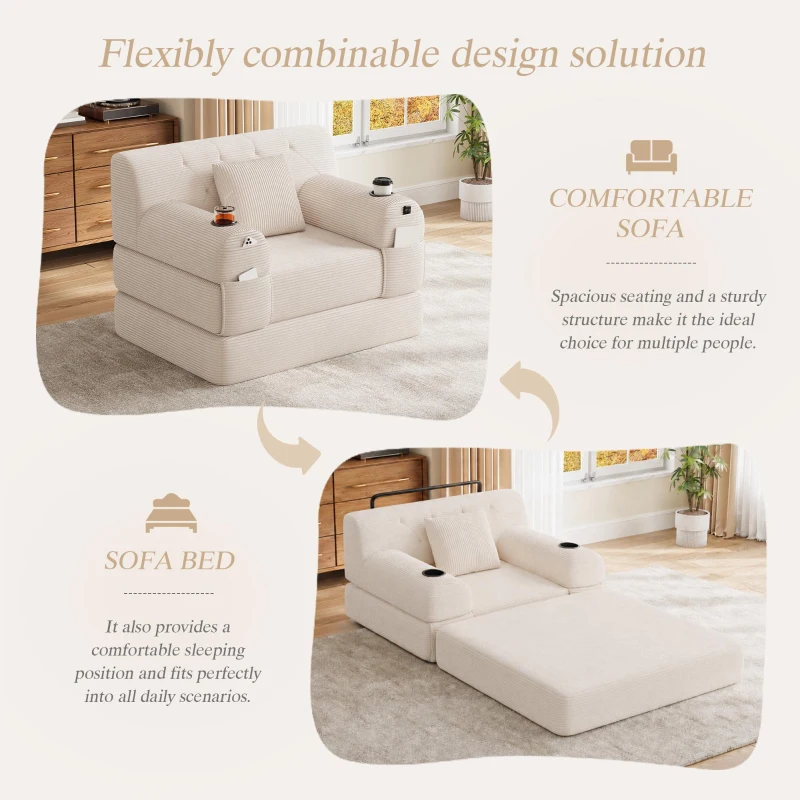 Convertible 1-Seater Sleeper Sofa with Tufted Corduroy Upholstery, Ideal Sofa Bed for Living Rooms and Small Spaces, 107L x 80W x 81H cm, Beige