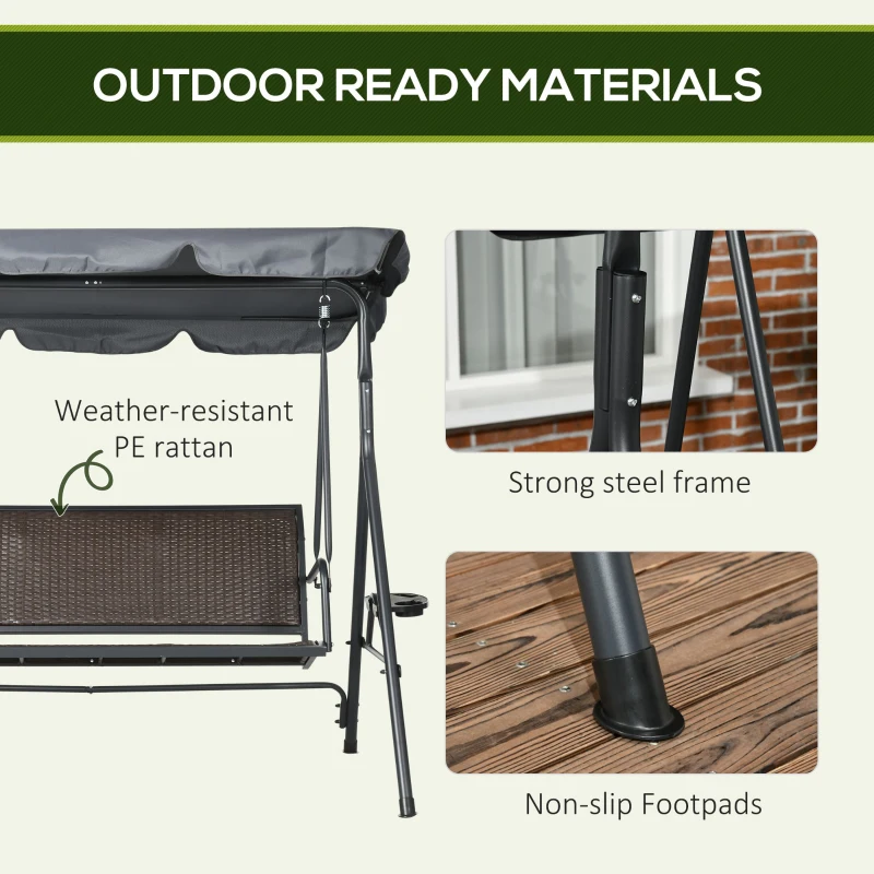Outsunny 3 Seater Swing Chair - Garden Swing Seat Bench with Adjustable Canopy, Rattan Seat, and Steel Frame for Patio, Yard