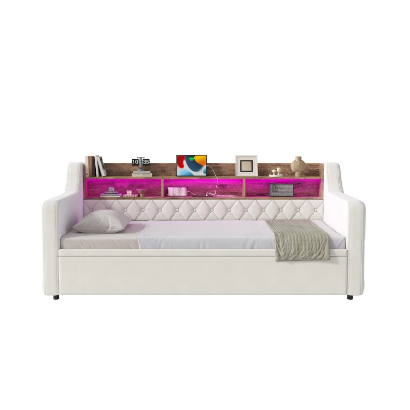 2-in-1 Beige Velvet Sofa Bed with Armrests and Storage Headboard, Space-Saving Daybed for Guest Room and Living Room, 201L x 107W x 80H cm, Beige