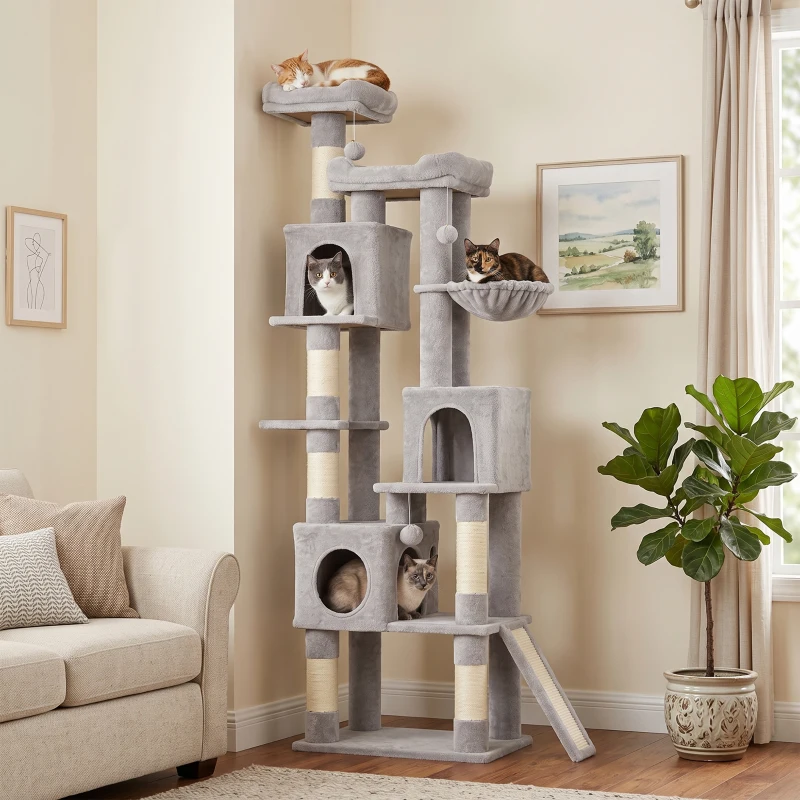 PawHut Arbre à chat griffoir haut 200 cm avec 6 poteaux griffoirs en sisal, 2 nids, 3 cabines, hamac, Gris clair