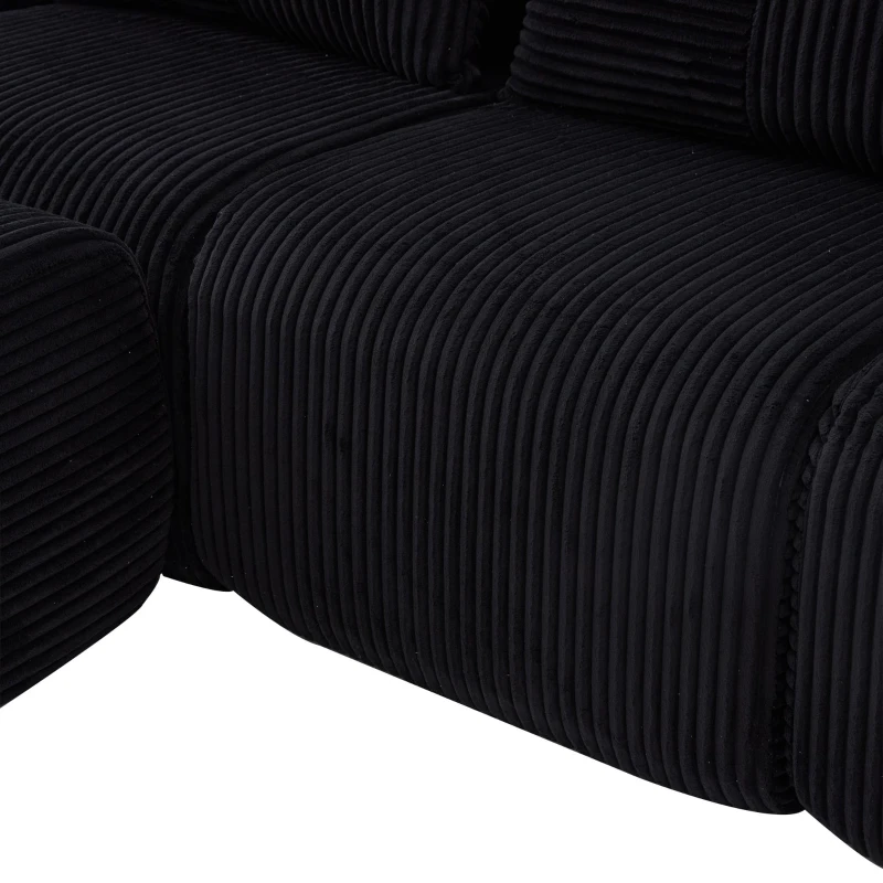 Corduroy Sectional Sofa with Built-in Cup Holders and Side Storage Pockets, 3-Seater Modular Sofa with Ottomans, 268L x 174W x 80H cm, Black