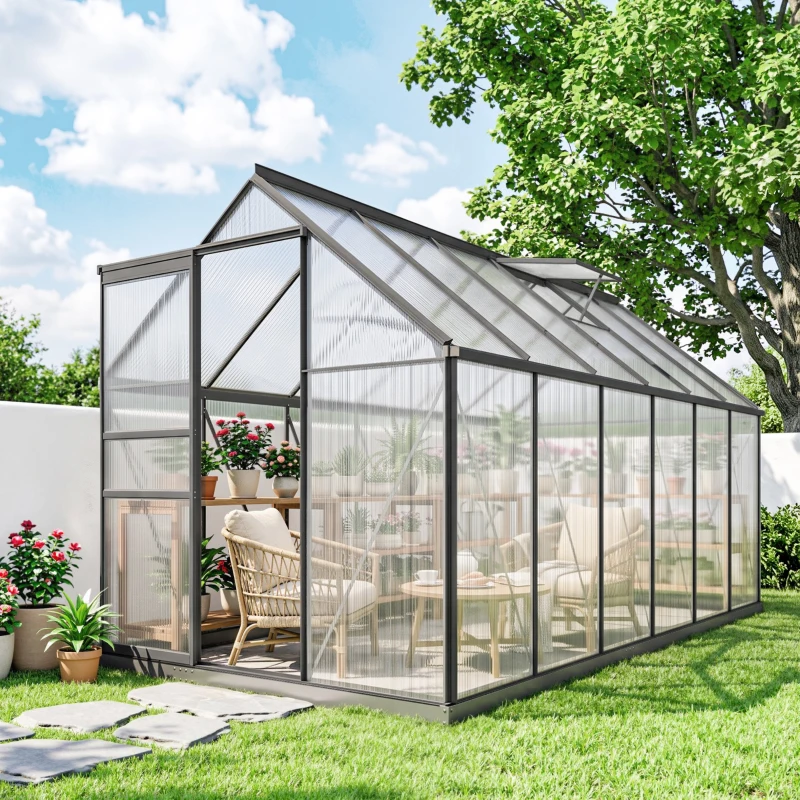 Outsunny Serra da Giardino in Policarbonato con Telaio in Lega di Alluminio 7.1㎡, con Grondaie, Finestre Apribili Regolabili, Porta Scorrevole
