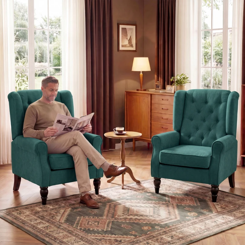 HOMCOM Elegante oorfauteuil, dik gewatteerd, afneembare bekleding, 74 x 86 x 102 cm, Donkergroen