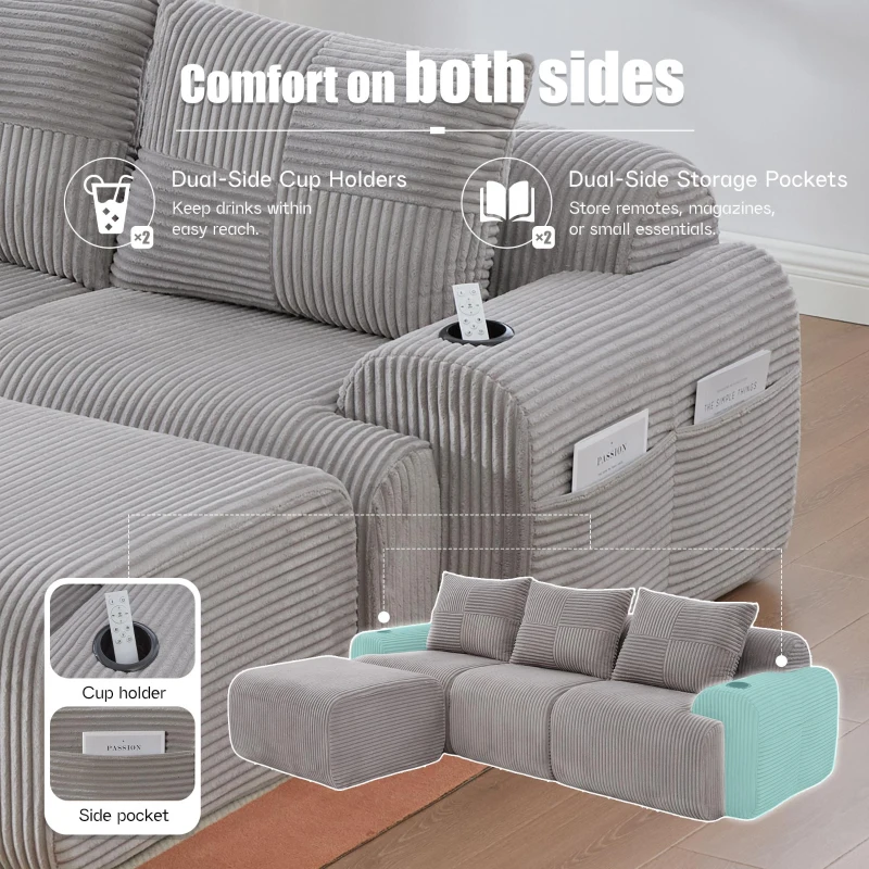 3-Seater Modular Sofa with Ottomans and Side Storage Pockets, Corduroy Sectional Sofa with Integrated Cup Holders, 268L x 174W x 80H cm, Light Gray