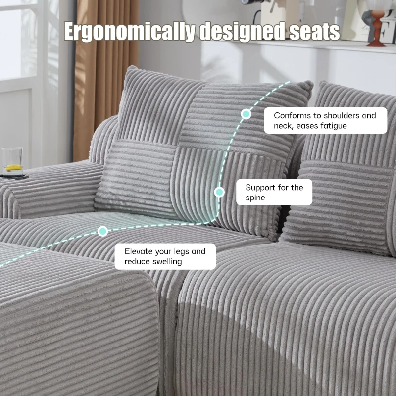 4-Seater Modular Cord Sofa with 2 Ottomans and Integrated Cup‑Holders, Corduroy Sectional Sofa for Living Rooms, 333L x 174W x 80H cm, Light Gray