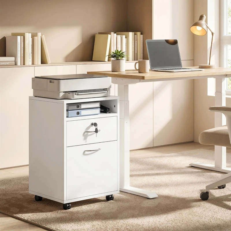 HOMCOM Bloco de Gavetas de Escritório com 4 Rodas Fechadura Prateleira Aberta e Armário 40x35x60 cm Branco
