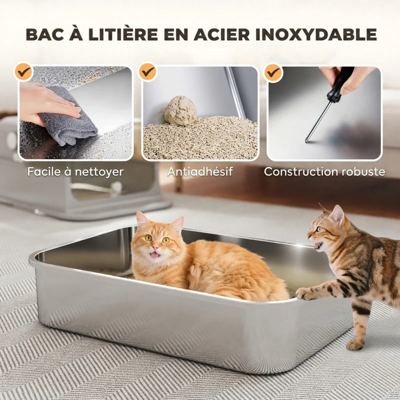 PawHut Maison de Toilette pour Chat XXL en Inox, Couvercle 90°, Double Porte, Filtre Frontal, Pelle, 70x50x46,5cm, Gris(m-4)