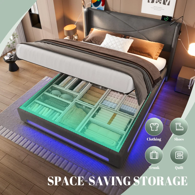 Modern Platform Bed with Hydraulic Lift System, Functional Bed Frame with Built-In Reading Lamps and USB Ports, 209L x 157W x 106H cm, Dark Gray