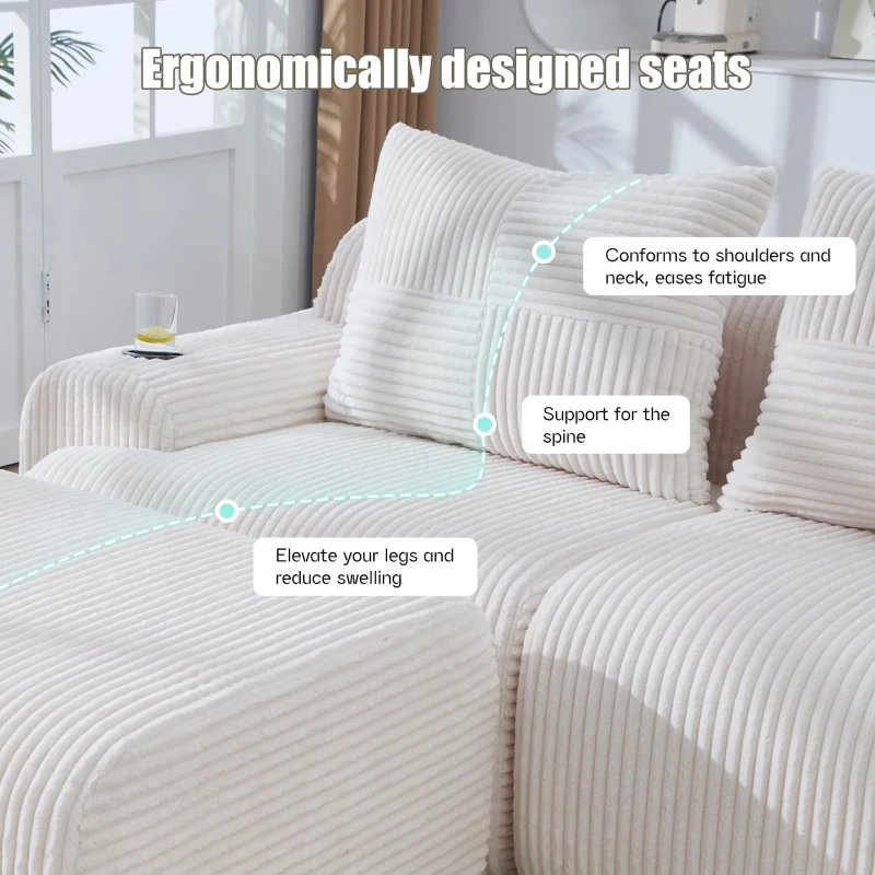 4-Seater Modular Cord Sofa with 2 Ottomans and Integrated Cup‑Holders, Corduroy Sectional Sofa for Living Rooms, 333L x 174W x 80H cm, Beige