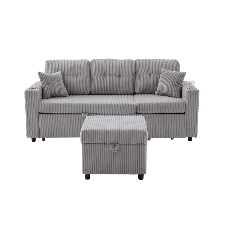 Multifunctional Corduroy Sofa Bed with Hidden Storage, LED-Lighted Guest Couch for Family Film Nights, 196L x 82W x 85H cm, Light Gray