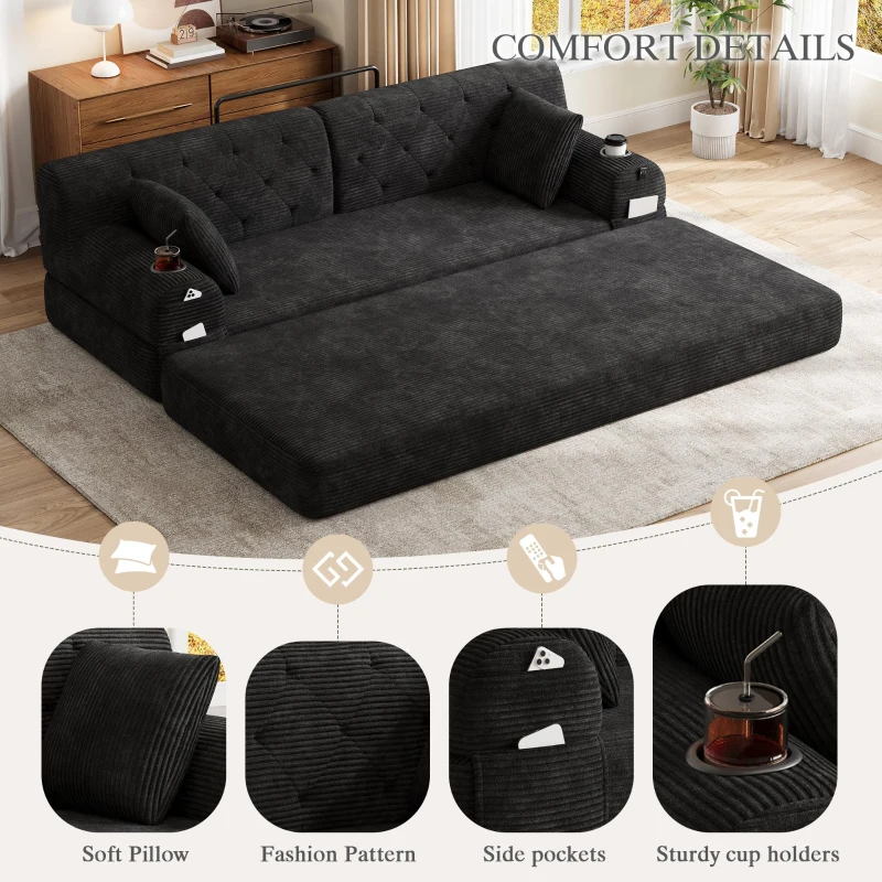 Cozy Sleeper Sofa with High-Density Foam and Soft Corduroy, Convertible Couch for Living Rooms and Small Spaces, 208L x 80W x 81H cm, Black