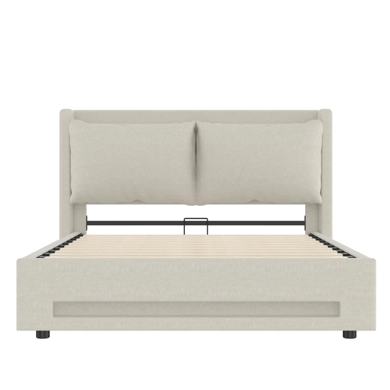 Practical Upholstered Bed with Hydraulic Storage, Ideal Bed Frame for Modern-Style Bedroom, 182.5L x 210W x 114H cm, Beige