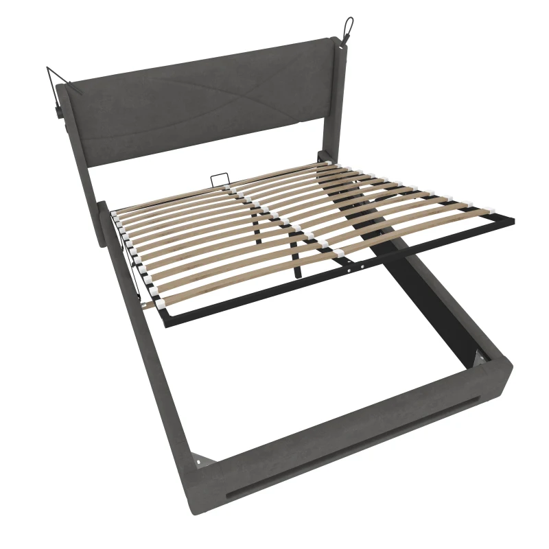 Modern Platform Bed with Hydraulic Lift System, Functional Bed Frame with Built-In Reading Lamps and USB Ports, 209L x 157W x 106H cm, Dark Gray