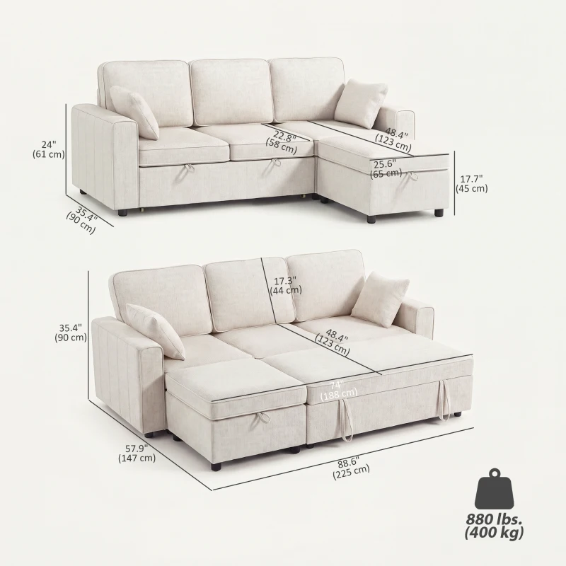 HOMCOM Sofá Esquinero Convertible de Chenilla Sofá Cama 3 Plazas Modular 225 cm con Puff de Almacenaje Beige