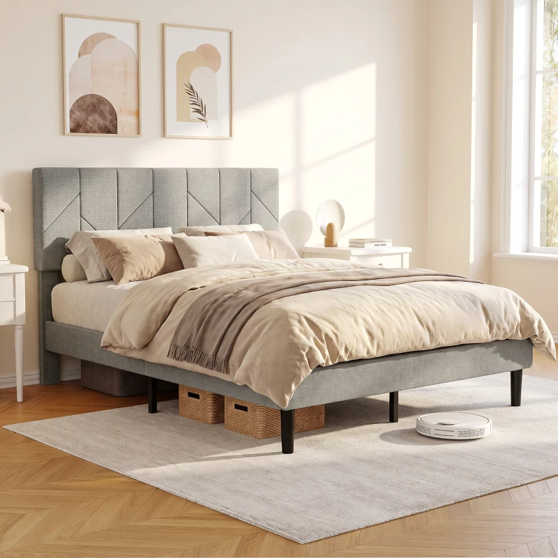 HOMCOM Marco de Cama 140x190 cm con Somier y Cabecero Ajustable Cama Doble Acolchada en Lino con Almacenamiento Inferior Gris