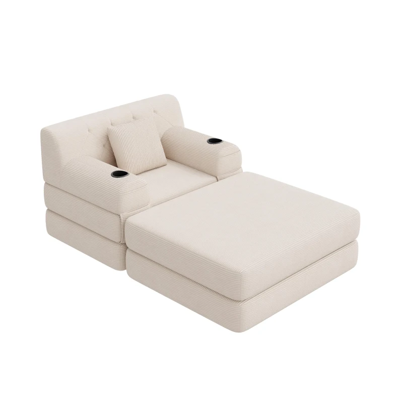 Corduroy Sleeper Chair with Ottoman and Metal Frame, Convertible 1-Seater Sofa Bed with High Backrest, 107L x 162W x 81H cm, Beige