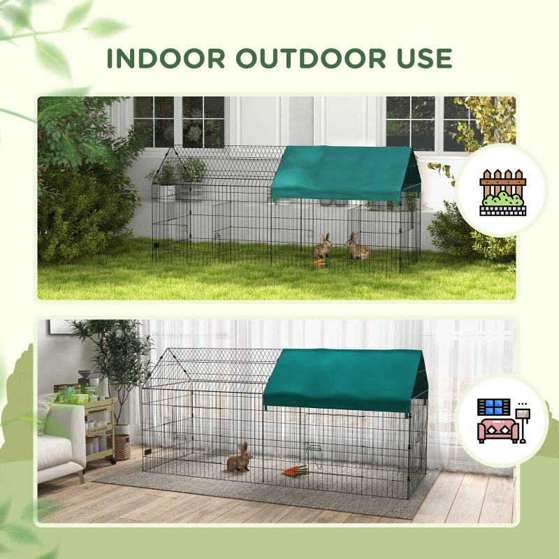 PawHut Kleindierenverblijf met Dak, 4 Deuren, Weerbestendig, Staal/Polyester, 220x85x103cm, Groen/Zwart
